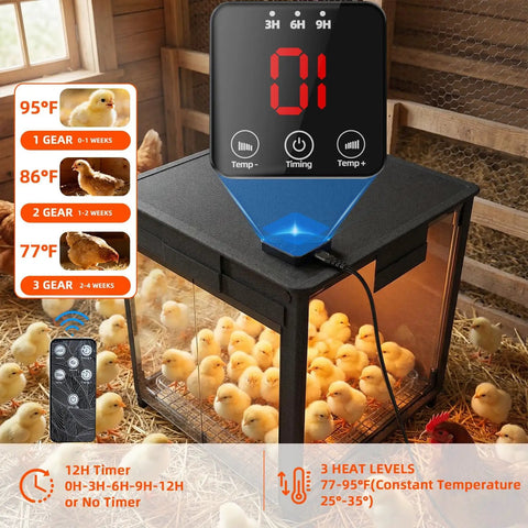 Image of All-In-One Chick Brooder Box With Adjustable Temperature 77 To 95 F, visible timer, and chicks inside, 200W heater in coop.