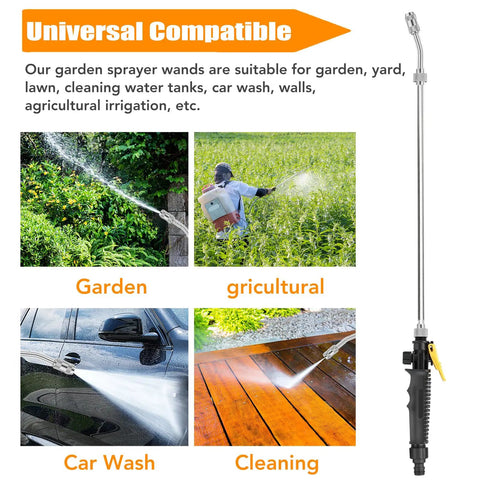 Stainless Steel Sprayer Wand Kit For Yard, 28 Inch Adjustable Metal Wand with various outdoor uses including garden, agricultural, car wash, and cleaning applications.