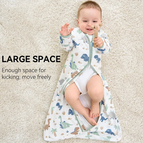 Baby in Cozy Cotton Baby Sleep Sack 6 To 12 Months 0.5 Tog Long Sleeve Wearable Blanket with Mittens, Green Dinosaur Pattern