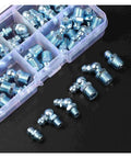 All In One Grease Fitting Kit 50 Piece Automotive Zerk Fittings Brass Lubrication Set displayed in a clear plastic case