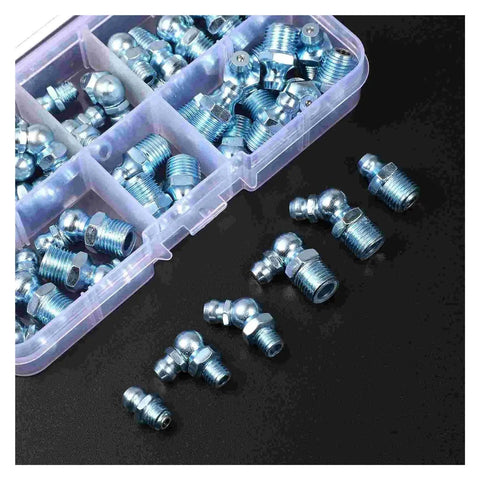 All In One Grease Fitting Kit 50 Piece Automotive Zerk Fittings Brass Lubrication Set displayed in a clear plastic case