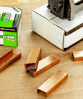 Carton Closing Staples Sixteen Gauge One And Three Eighths Inch Crown By Three Quarters Inch Leg Copper Coated For Pneumatic And Manual Box Staplers 1600 Pack Beefy Hold Heavy Duty Cardboard Sealing Staples on table