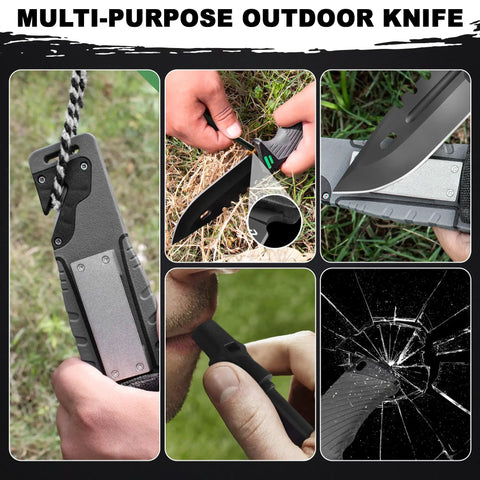 Six In One Survival Knife with Full Tang Design and 4.33 Inch Blade in use with sharpening stone, ferro rod fire starter, and glass breaker.