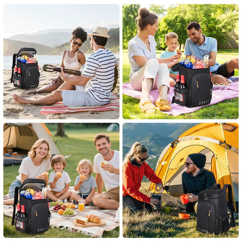 Insulated Cooler Backpack For 40 To 50 Cans Leakproof Lunch Tote displayed with picnics, camping, and outdoor settings