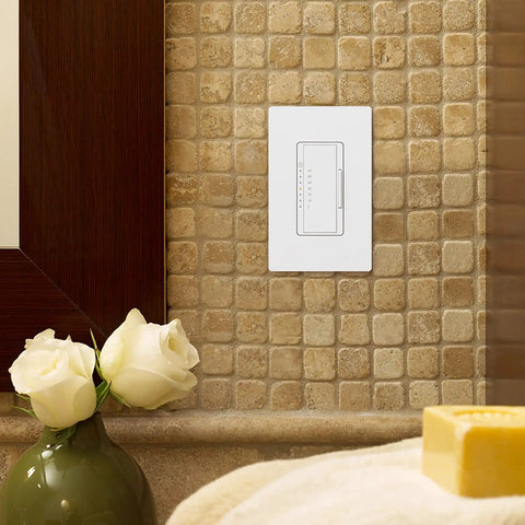 Maestro In-Wall Digital Timer for Lights and Fans, Single-Pole, 5A Light and 3A Fan Load, Black Finish installed on tiled wall
