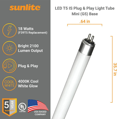LED T5 Plug And Play Light Tube Three Foot 18 Watt 2100 Lumens Dual End Connection Mini G5 Bi Pin Base Electronic Ballast