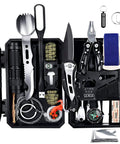 60 In 1 Emergency Survival Gear Kit with pliers, wire saw, flashlight, pen, bracelet, and thermal blanket open view