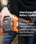 Person holding Hedge Master 320iHD60 Cordless Hedge Trimmer Kit with battery shown in use, interchangeable battery system