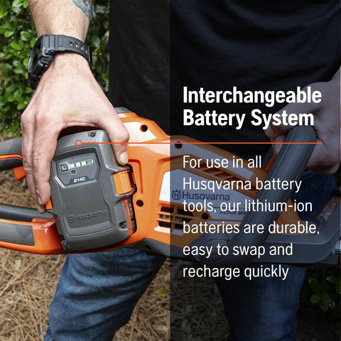 Person holding Hedge Master 320iHD60 Cordless Hedge Trimmer Kit with battery shown in use, interchangeable battery system