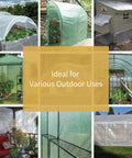 Collage showing Clear White Heavy Duty Tarp 20x20 Waterproof Garden Cover For Greenhouse Outdoor Use Polyethylene 10 Mil Thick UV Resistant in various settings