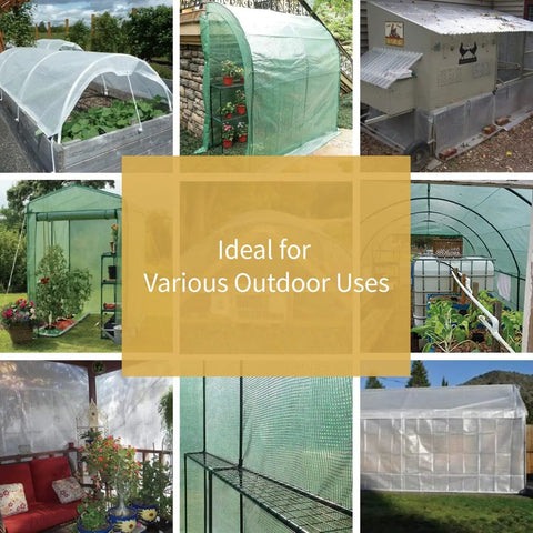 Collage showing Clear White Heavy Duty Tarp 20x20 Waterproof Garden Cover For Greenhouse Outdoor Use Polyethylene 10 Mil Thick UV Resistant in various settings