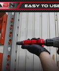 Person using pneumatic rivet gun drill adapter to fasten metal shelf. Includes quarter inch capability and 8 nosepieces.