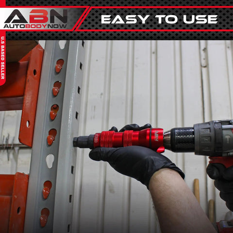 Person using pneumatic rivet gun drill adapter to fasten metal shelf. Includes quarter inch capability and 8 nosepieces.