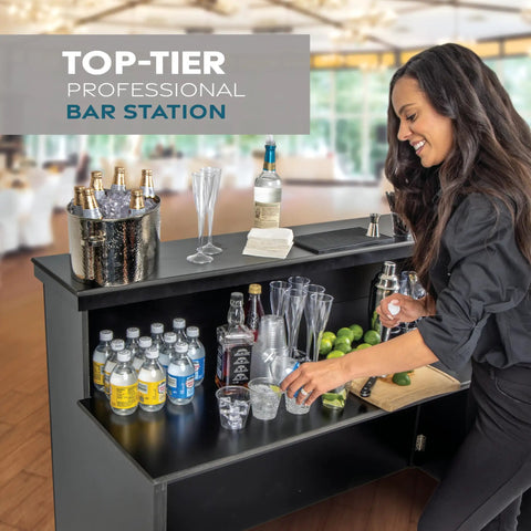 Person using Party-Ready Portable Event Bar Table - Foldable Pro-Grade Wood, Mobile Bartending Station in elegant venue