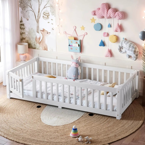Totally Built Tough Twin Floor Bed With Montessori Design And Complete Safety Guardrails Plus Easy Access Door For Kids, Solid Wood Low Profile Slatted Frame In Fresh White in a cozy nursery with playful decor.