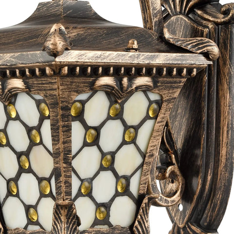 Outdoor Wall Lantern With Tiffany Glass Shade, Weatherproof Die Cast Aluminum, Rust Resistant Black And Brushed Brass Finish