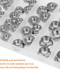 Top Drawer 304 Stainless Steel Flange Nuts Assortment Kit 38 Piece Set Loaded With Serrated Hex Lock Nuts In Four Sizes arranged in a clear case.