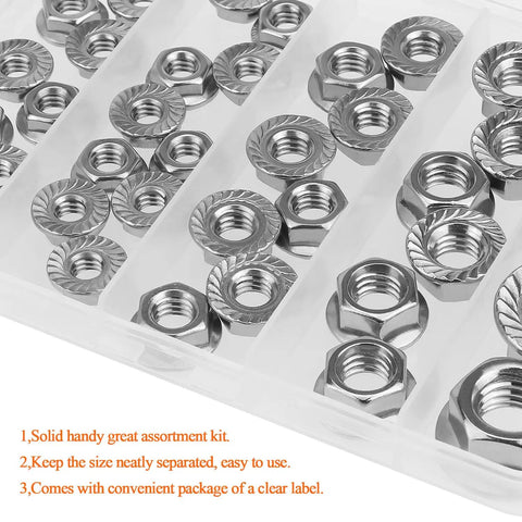 Top Drawer 304 Stainless Steel Flange Nuts Assortment Kit 38 Piece Set Loaded With Serrated Hex Lock Nuts In Four Sizes arranged in a clear case.