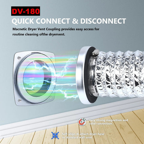 DV-180 magnetic dryer vent coupling with 4-inch silver duct and two clamps (front view)