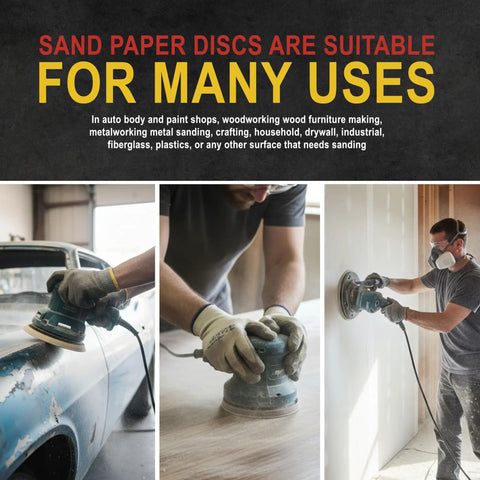 Three images showing 600 Grit Pro Grade 5 Inch Sanding Discs 8 Hole Pattern Dustless Hook And Loop Backing For Orbital DA Sander use.