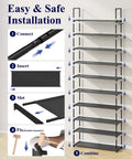 Go-To Heavy Duty 10 Tier Shoe Rack installation guide with steps, showcasing the matte black steel frame design.