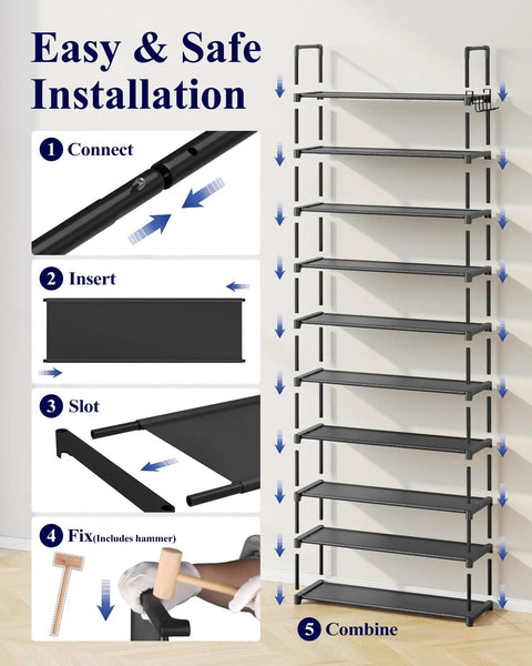 Go-To Heavy Duty 10 Tier Shoe Rack installation guide with steps, showcasing the matte black steel frame design.