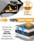 Smell Proof Bag With Combination Lock, grey, open with contents, featuring carbon lining layers and smell proof technology.