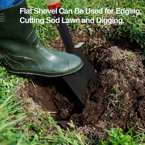 Heavy Duty Spade Shovel With Wooden D Handle for Digging and Edging Square Flat Garden Shovel 45 Inch in action on grass