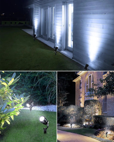 All In One Low Voltage Landscape Lights Kit With Quick Plug And Play Setup, 12 5W Spotlights illuminating outdoor areas