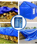 Blue 8x10 Foot Heavy Duty Waterproof Tarps Pack Of 4 For Camping And Outdoor Projects shown covering wood stacks and shelters.