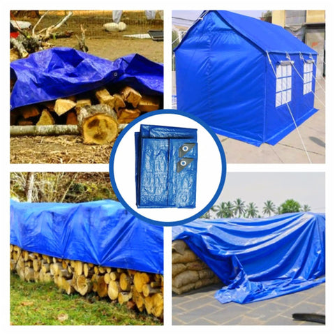 Blue 8x10 Foot Heavy Duty Waterproof Tarps Pack Of 4 For Camping And Outdoor Projects shown covering wood stacks and shelters.