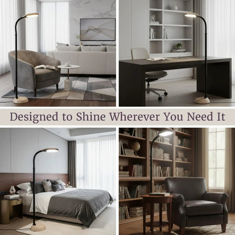 Adjustable Floor Lamp With Bendable Neck For Bedroom And Living Room, Full Spectrum Natural Sunlight LED Light in various rooms