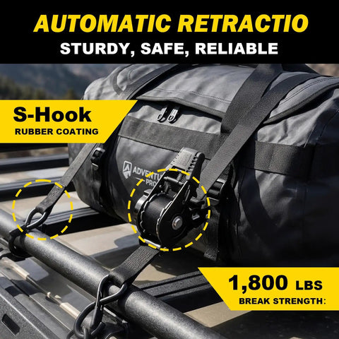 10 Foot Heavy Duty Retractable Ratchet Straps With Slick Auto Rewind System And Quick Release Clasp For Zero Drama Load Hauling 1800 Lb Grip Black Two Pack securing a black duffel bag.