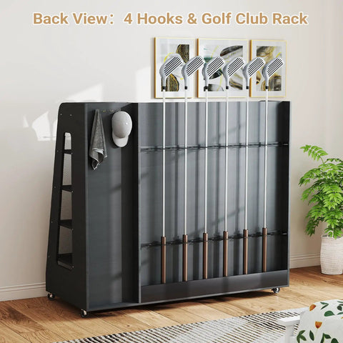 Back view of Wooden Golf Bag Organizer With Wheels For Garage And Home Use Holds 3 Golf Bags And Gear Durable Gray Storage Rack