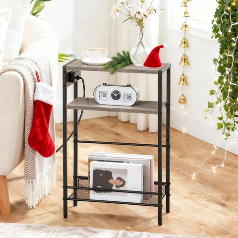 Slim Narrow Side Table With Charging Station And USB Ports Type C Space Saver For Small Spaces Sofa Beside Table With Storage Shelf In Greige And Black Compact Nightstand For Bedside Or Living Room, holiday decor on top.