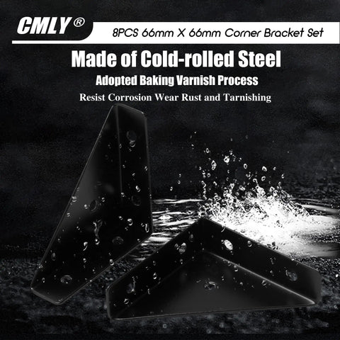 Black 8 Pack 66mm Triangle Shelf Brackets For Wood Metal And Cabinets, showing cold-rolled steel with water resistance