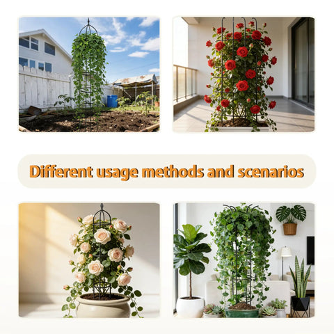 6Ft Adjustable Garden Obelisk Trellis With Four Rings And Decorative Tops Dope Rustproof Black Metal Plant Support with roses and vines