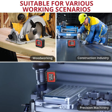 Slick Pocket Sized Digital Angle Finder With Strong Magnet IP54 Waterproof Dustproof Dead On Precision Layout Gauge For Carpentry And DIY No Sweat Compact Measuring Tool in woodworking, construction, and precision machinery settings.