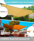 Comparison of using Heavy Duty Stainless Steel Sun Shade Sail Hardware Kit for garden and patio vs. no kit, with visible fixings.