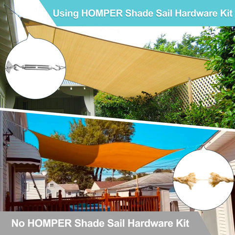 Comparison of shade sails with and without Heavy Duty Stainless Steel Shade Sail Hardware Kit For Awning Setup And Garden Sails.