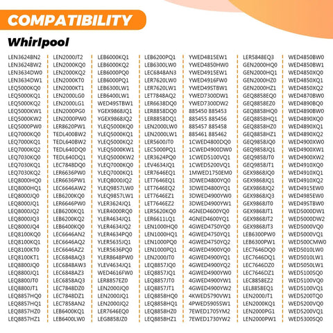 Compatibility chart for Whirlpool dryer models with Upgraded 279838 Dryer Heating Element Kit and thermostats.