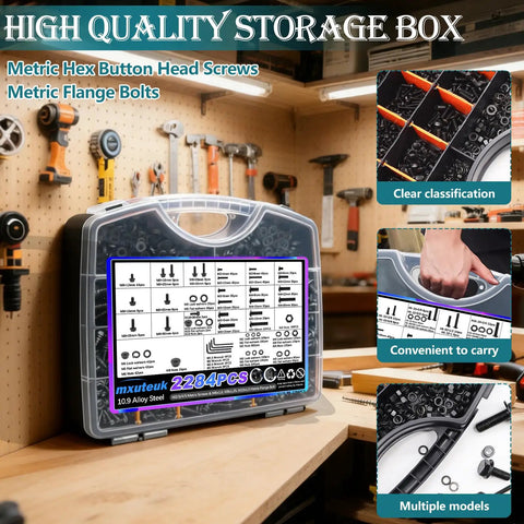 Top Shelf And Knockout Grade 10.9 Metric Screw Assortment With Heavy Duty Flange Bolt Kit in clear storage box, 2284 pieces.
