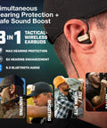 Desert Tan Shooting Ear Protection Bluetooth Earbuds with Hearing Enhancement and Noise Isolation on person's ear, GS Extreme 3.0.