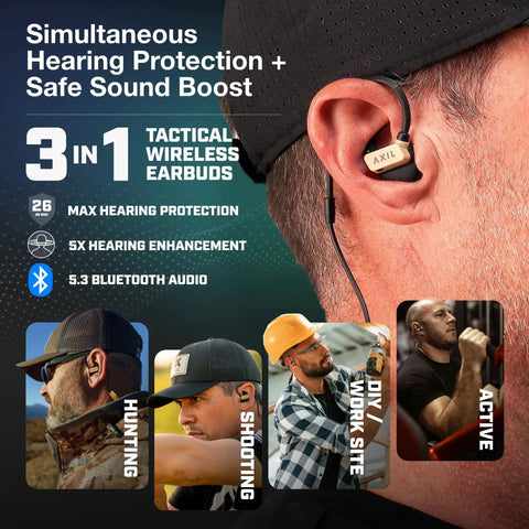 Desert Tan Shooting Ear Protection Bluetooth Earbuds with Hearing Enhancement and Noise Isolation on person's ear, GS Extreme 3.0.