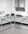 Commercial Grade Stainless Steel Prep Table With Deep Storage Cabinets Tough As Nails Construction For Restaurants Garages Cafes Or Outdoor Workshop Projects 180X80Cm in a kitchen with cabinets and stove.