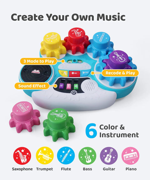 Screen Free Kids DJ Mixer And Manual Music Gear Station Featuring Twin Beat Sliders Scratch Wheel And Interactive Ear Training For Young Pros Whose Grooves Always Hit Different, colorful buttons with six instruments.
