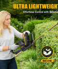 Woman using Cordless Hedge Trimmer with 22-Inch Dual-Action Blades, Lightweight 20V MAX Tool for quick shrub trims, 5/8-inch cutting capacity.