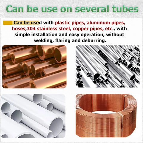Brass compression fittings kit with sleeves; collage shows copper pipes, stainless tubes, PVC pipes, and copper coil