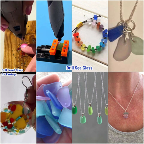 Diamond drill bit set with 1/8 in shank; sizes 1, 2, 3 mm for glass and metal drilling; jewelry beads shown.