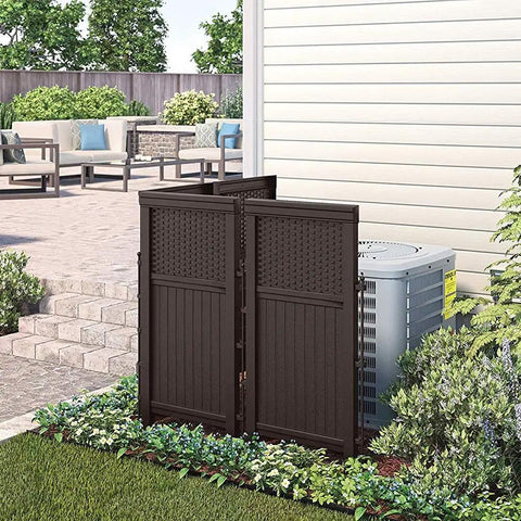 Four Panel Freestanding Wicker Resin Outdoor Screen Enclosure In Brown, 23 Inch Wide By 44 Inch High, hiding air conditioner